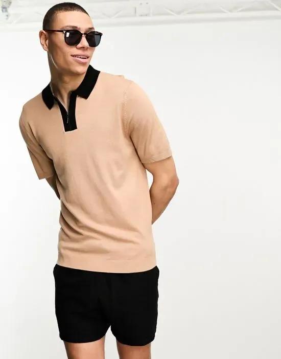 short sleeve contrast collar polo in brown
