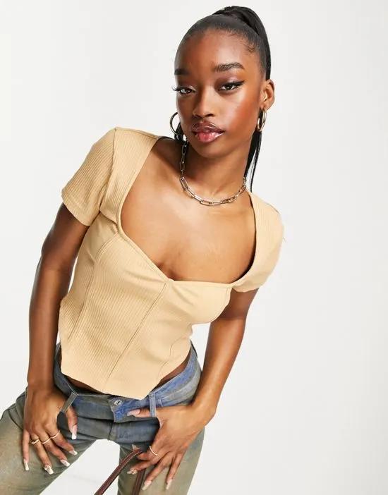 short sleeve corset top with ultra wide neck in camel