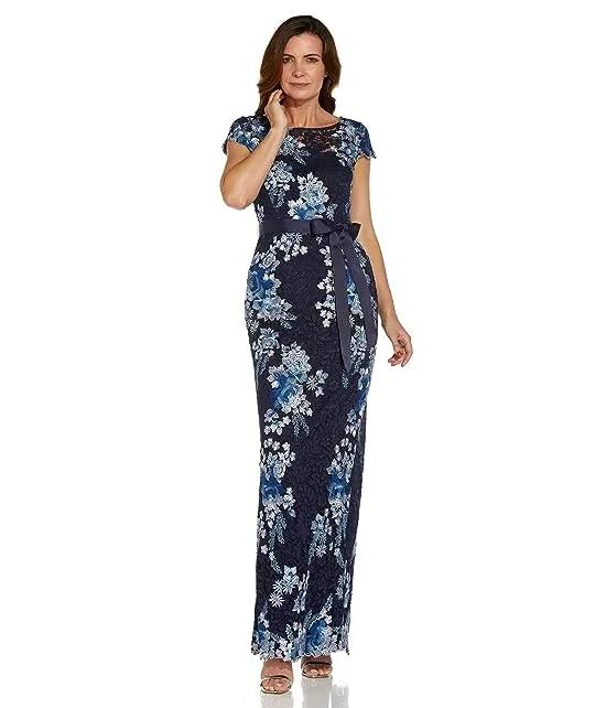 Short Sleeve Embroidered Floral Column Gown