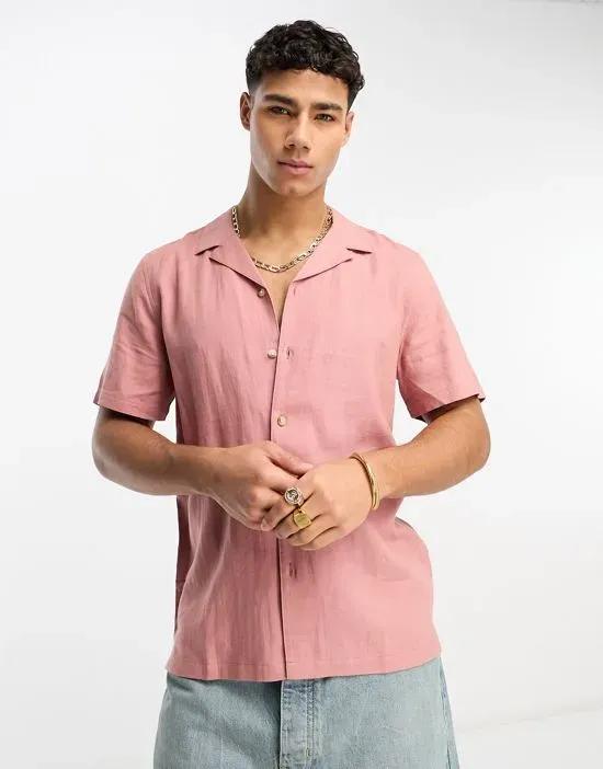 short sleeve linen blend revere shirt in pink