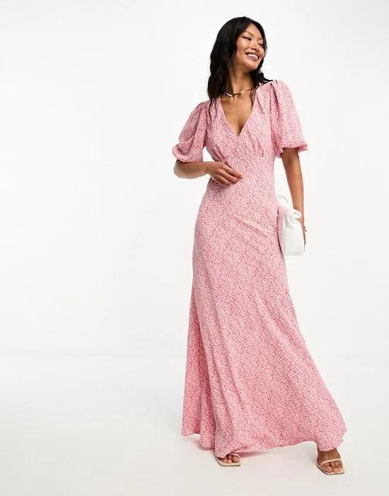 short sleeve midi tea dress in pink vintage floral