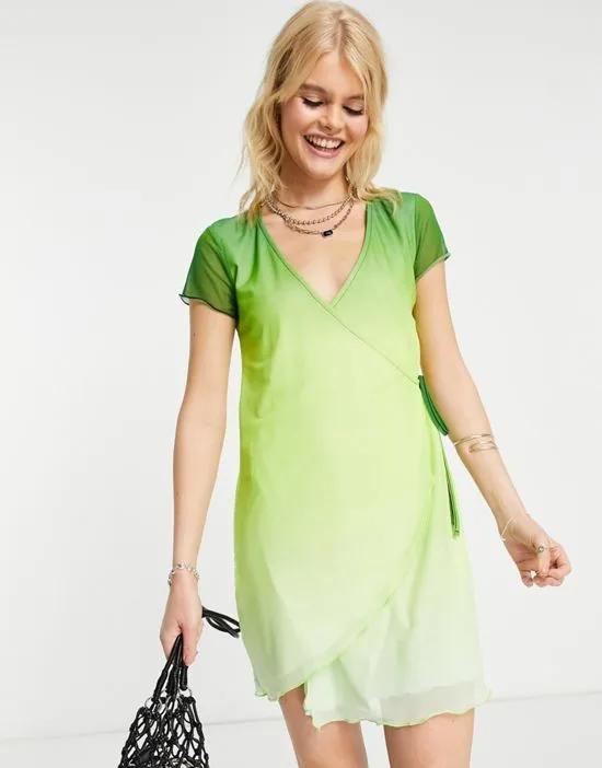 short sleeve mini mesh wrap dress in green ombre