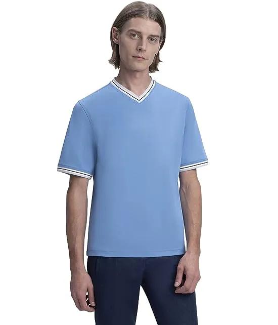 Short Sleeve Pima Cotton V-Neck Shirt with Contrast Rib Detail