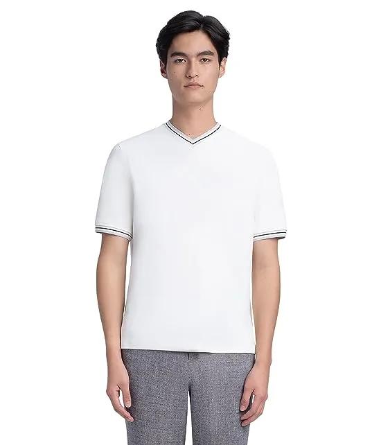Short Sleeve Pima Cotton V-Neck Shirt with Contrast Rib Detail