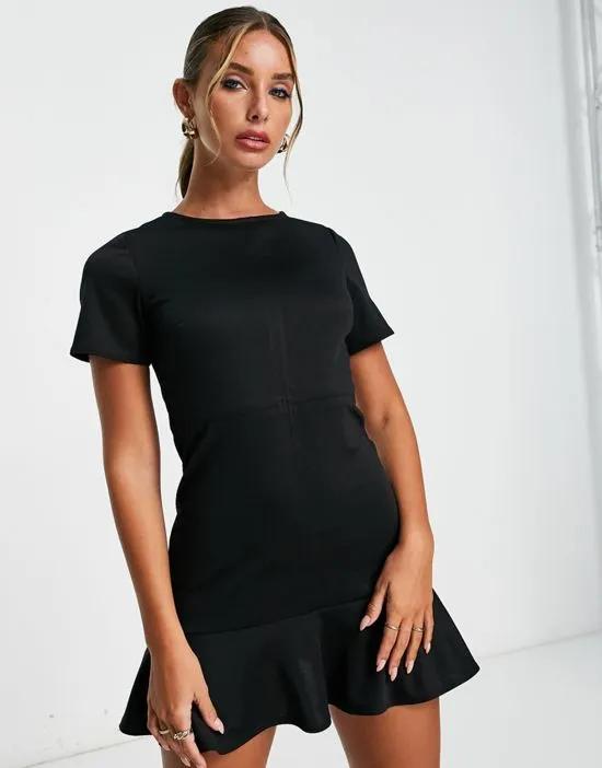 short sleeve ponte mini dress with pep hem in black
