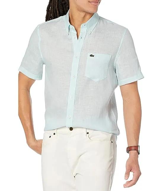 Short Sleeve Regular Fit Linen Casual Button-Down Shirt with Front Pocket