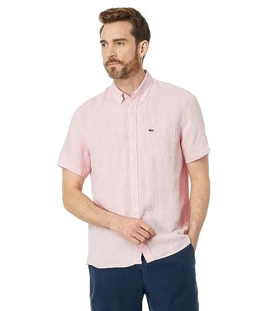 Short Sleeve Regular Fit Linen Casual Button-Down Shirt with Front Pocket