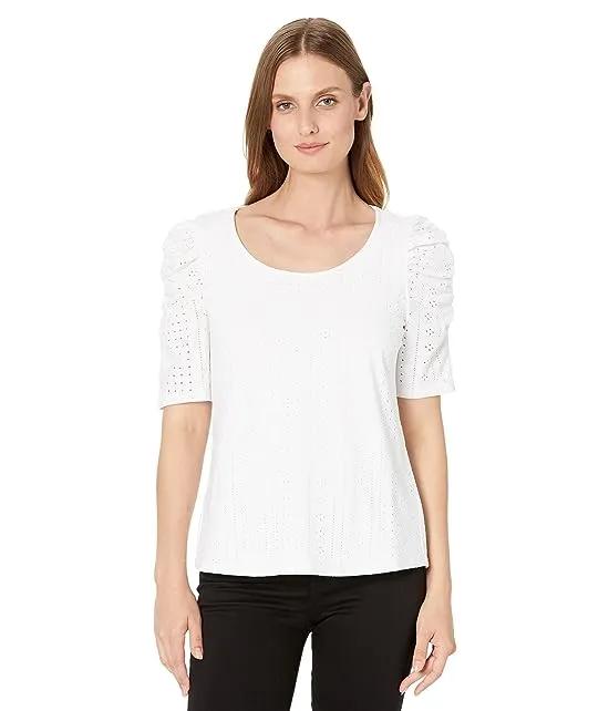 Short Sleeve Ruched Knit Eyelet Top