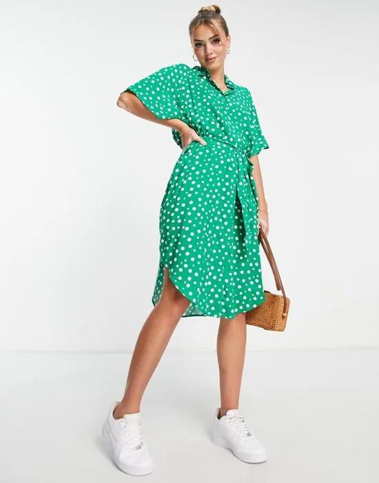 short sleeve shirt dress in green spot print