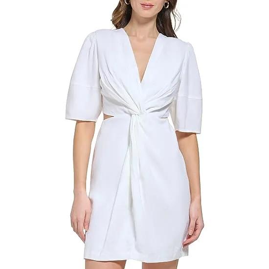 Short Sleeve Side Cut Linen Midi Dress