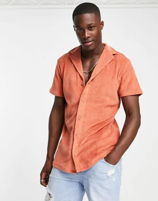 short sleeve terrycloth shirt with revere collar in burnt orange - part of a set