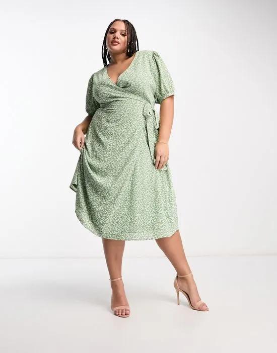 short sleeve wrap midi dress in green ditsy floral