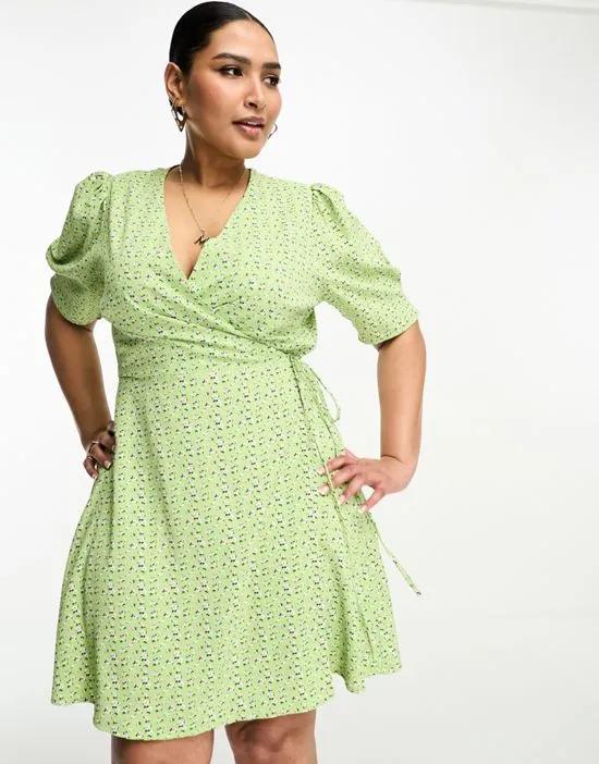 short sleeve wrap mini tea dress in green ditsy
