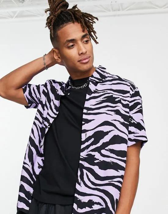 short sleeve zebra print shirt in purple