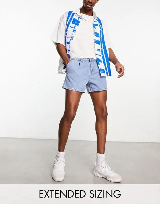 shorter length denim shorts in light wash blue
