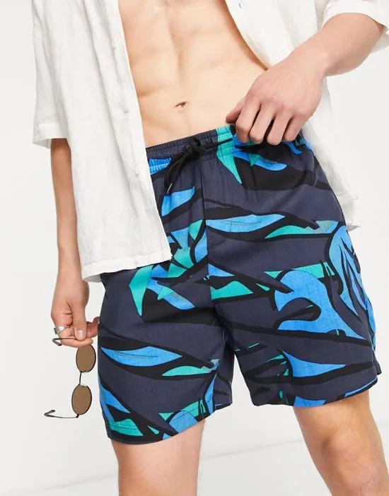 shorts in large palm print in blue - part of a set