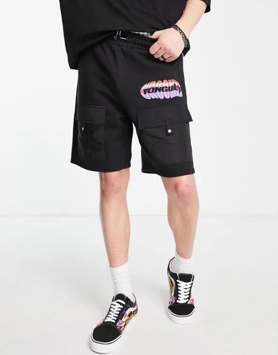 shorts with utility pockets and logo print in black - part of a set