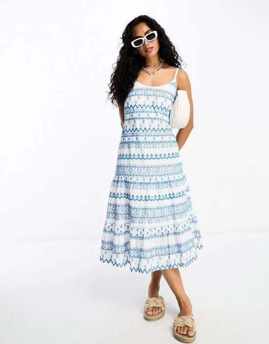 siciliy embroidered tiered midi dress in white and blue