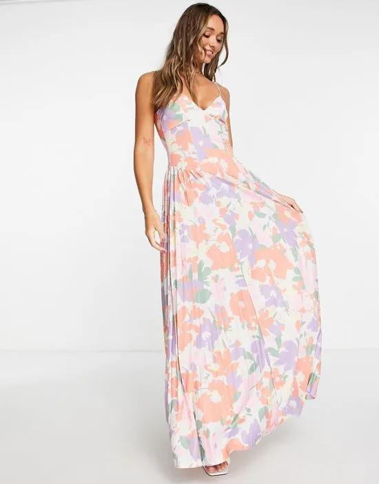 side pleat maxi dress in apricot floral - MULTI