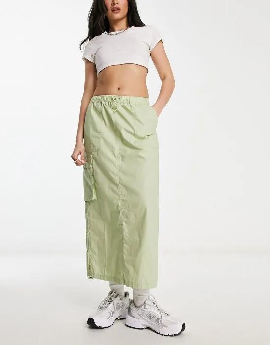 side ruched cargo maxi skirt in sage