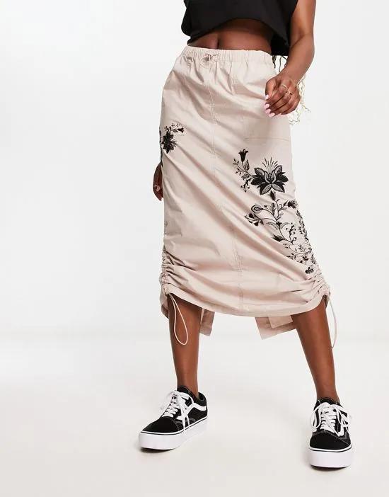 side ruched cargo maxi skirt with embroidery