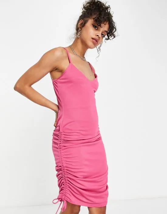 side ruched hot pink midi dress
