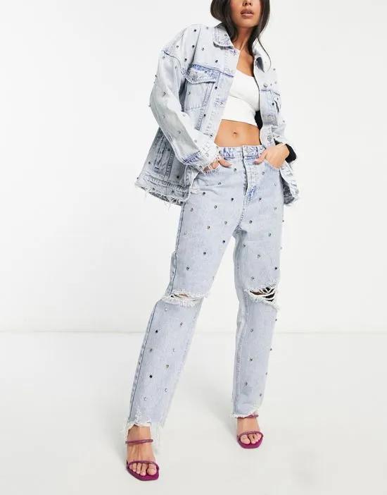 Signature 8 ripped embellished mom jeans in light wash - part of a set