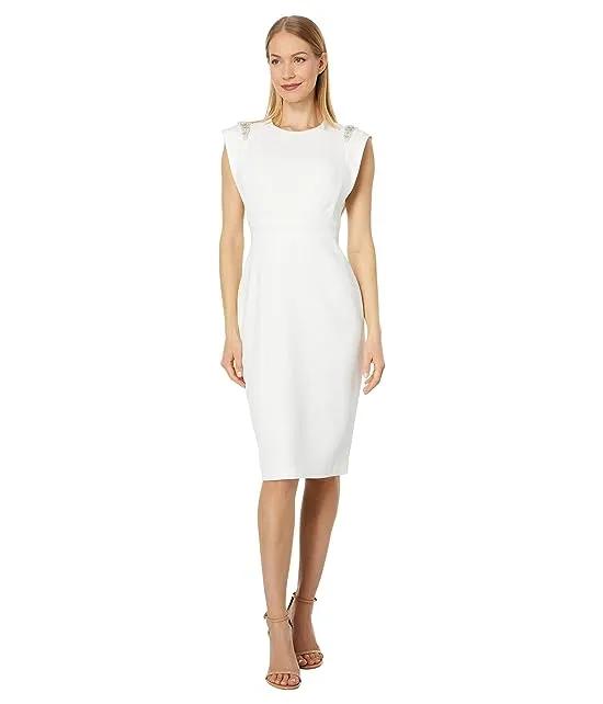 Signature Stretch Crepe Extended Cap Sleeve Bodycon with Beaded Patch
