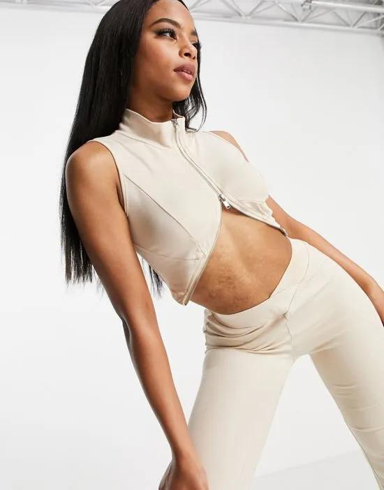 Simmi high neck plunge front crop top in stone - part of a set