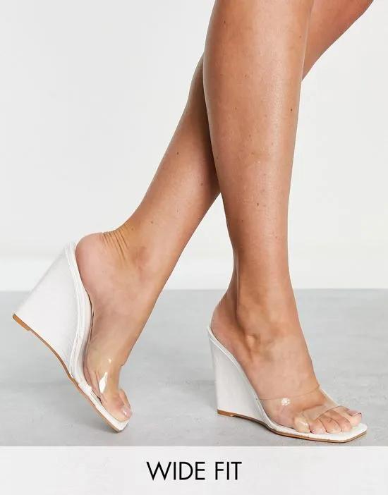 Simmi London Wide Fit clear mule wedge heeled sandal in white croc