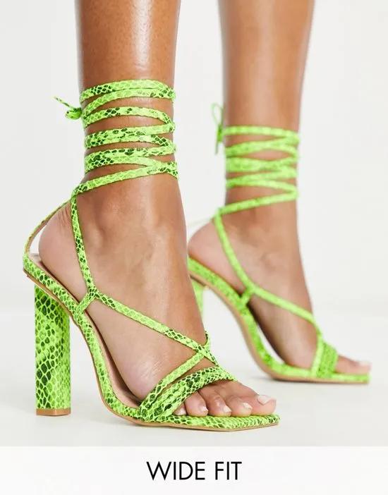 Simmi London Wide Fit Frances heeled sandals with ankle ties in green snake