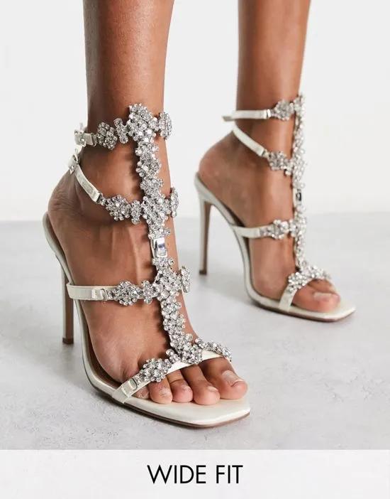 Simmi London Wide Fit Isabeau embellished heeled sandals in ivory satin