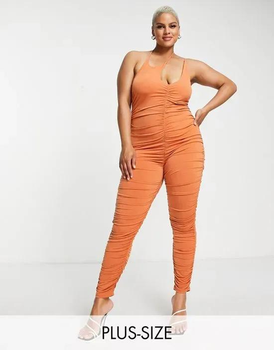Simmi Plus strappy ruched detail jumpsuit in tan