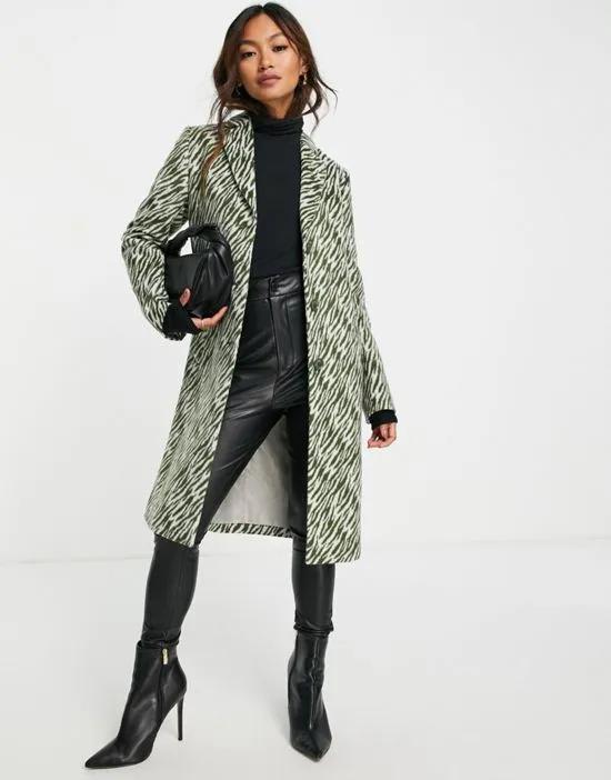 single breasted animal print coat in sage