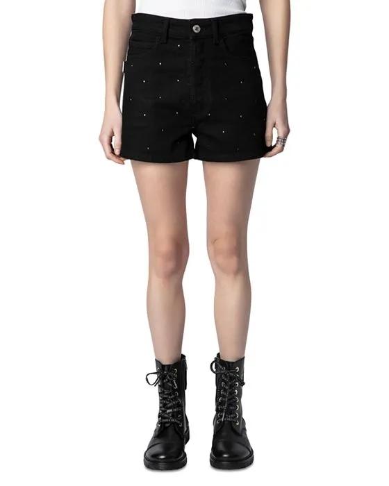 Sissi Embellished Denim Shorts in Noir