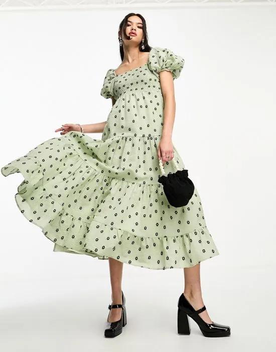 Sister Jane puff sleeve midaxi dress in olive floral