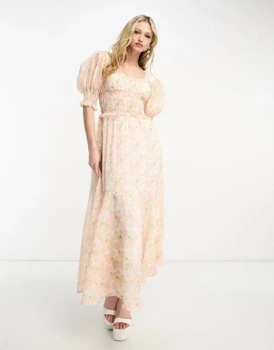 Sister Jane puff sleeve shirred midaxi dress in blush floral