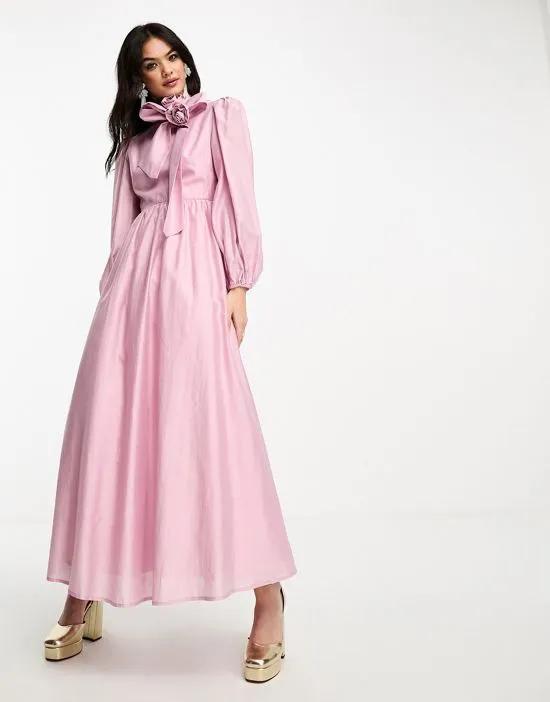 Sister Jane scarf neck rosette maxi dress in pink