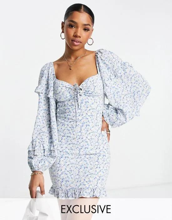 Sisters of the Tribe ditsy print blouson sleeve mini dress in pale blue