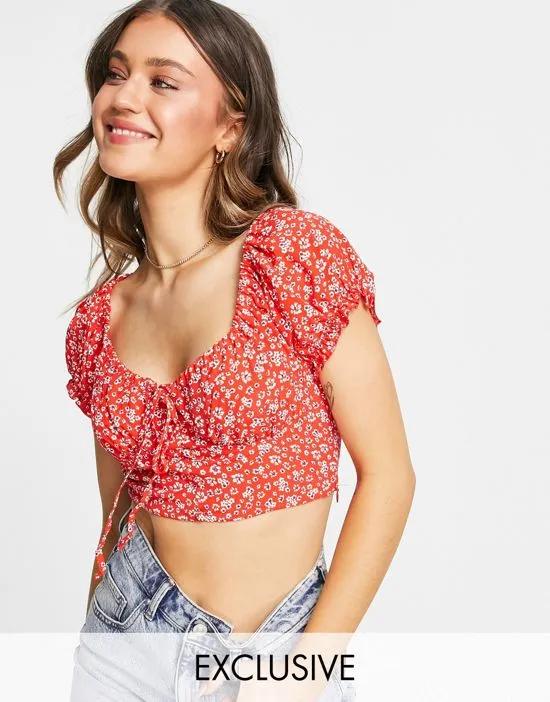 Sisters Of The Tribe milk maid crop top in red floral - part of a set