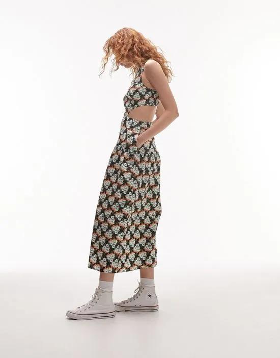 sketched daisy cut out midi dress in multi