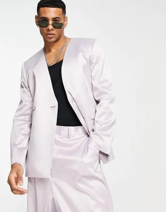 skinny collarless longline satin suit jacket in lilac