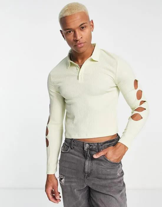 skinny cropped long sleeve polo t-shirt in green texture with sleeve cut outs