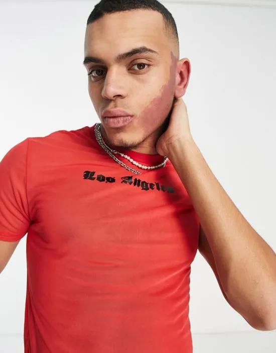 skinny cropped t-shirt in red mesh wit Los Angeles city print