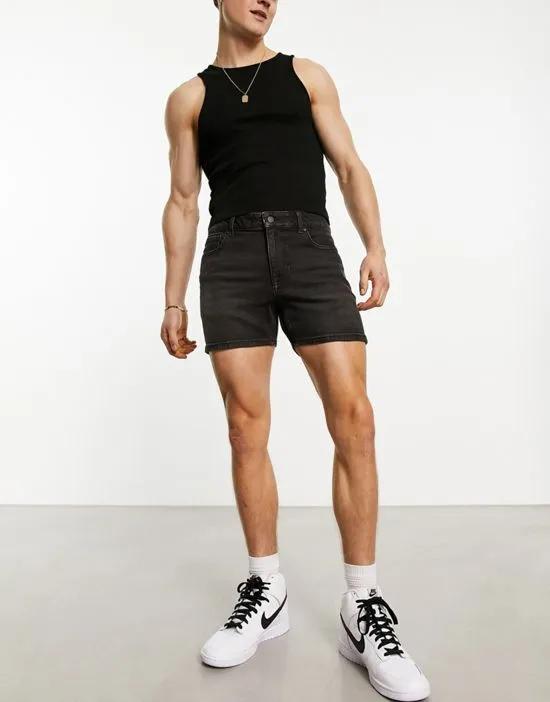 skinny denim shorts in washed black in shorter length