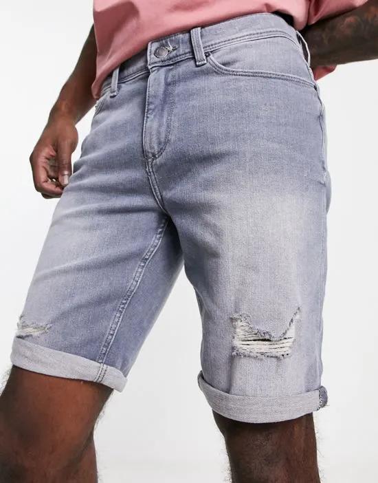 skinny denim shorts with rips in gray