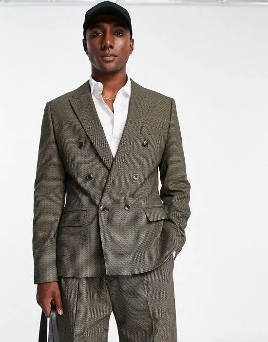 skinny double breasted suit jacket in khaki green texture