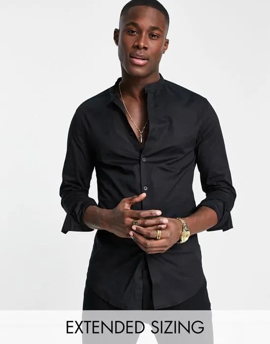 skinny fit shirt with band collar in black