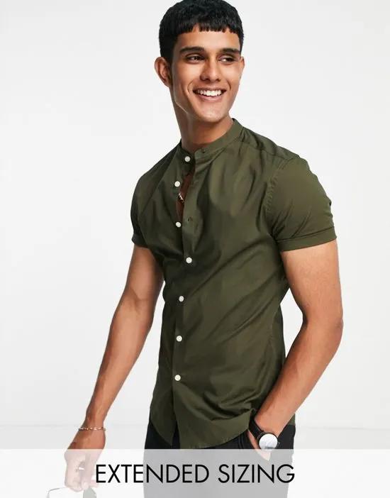 skinny fit shirt with band collar in khaki