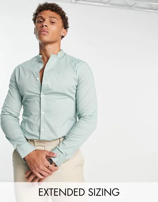 skinny fit shirt with band collar in sage green